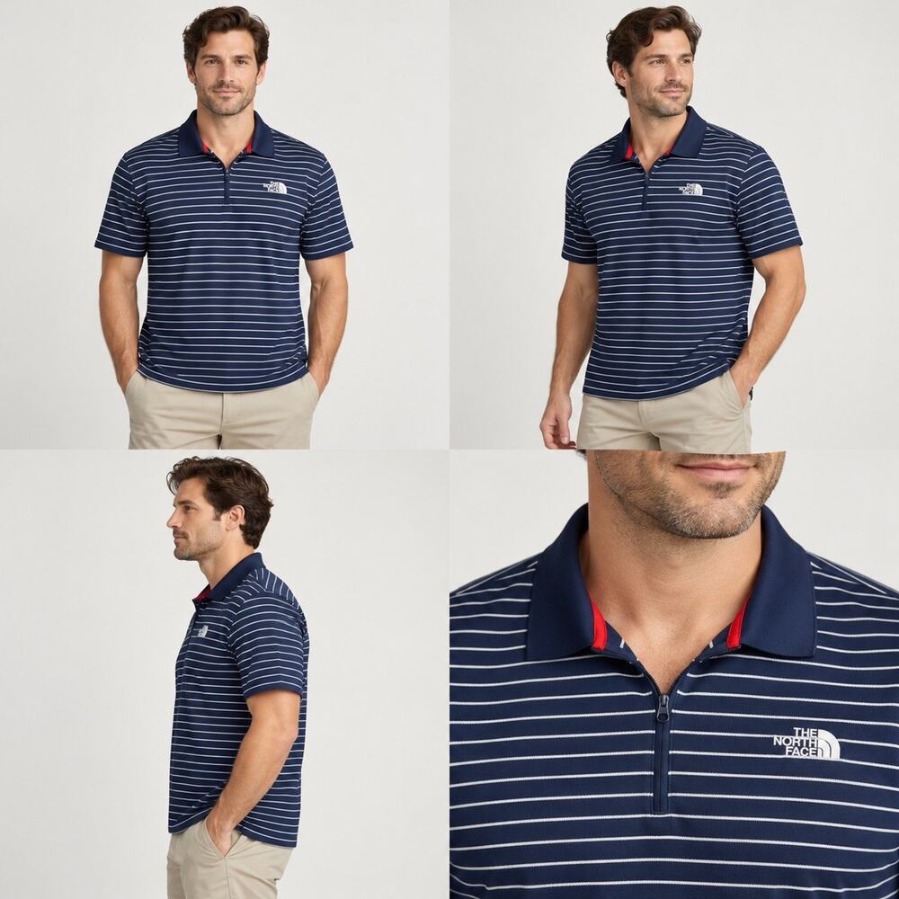 The North Face Zip Polo Shirt Mens XL Navy White Striped Short Sleeve Golf
